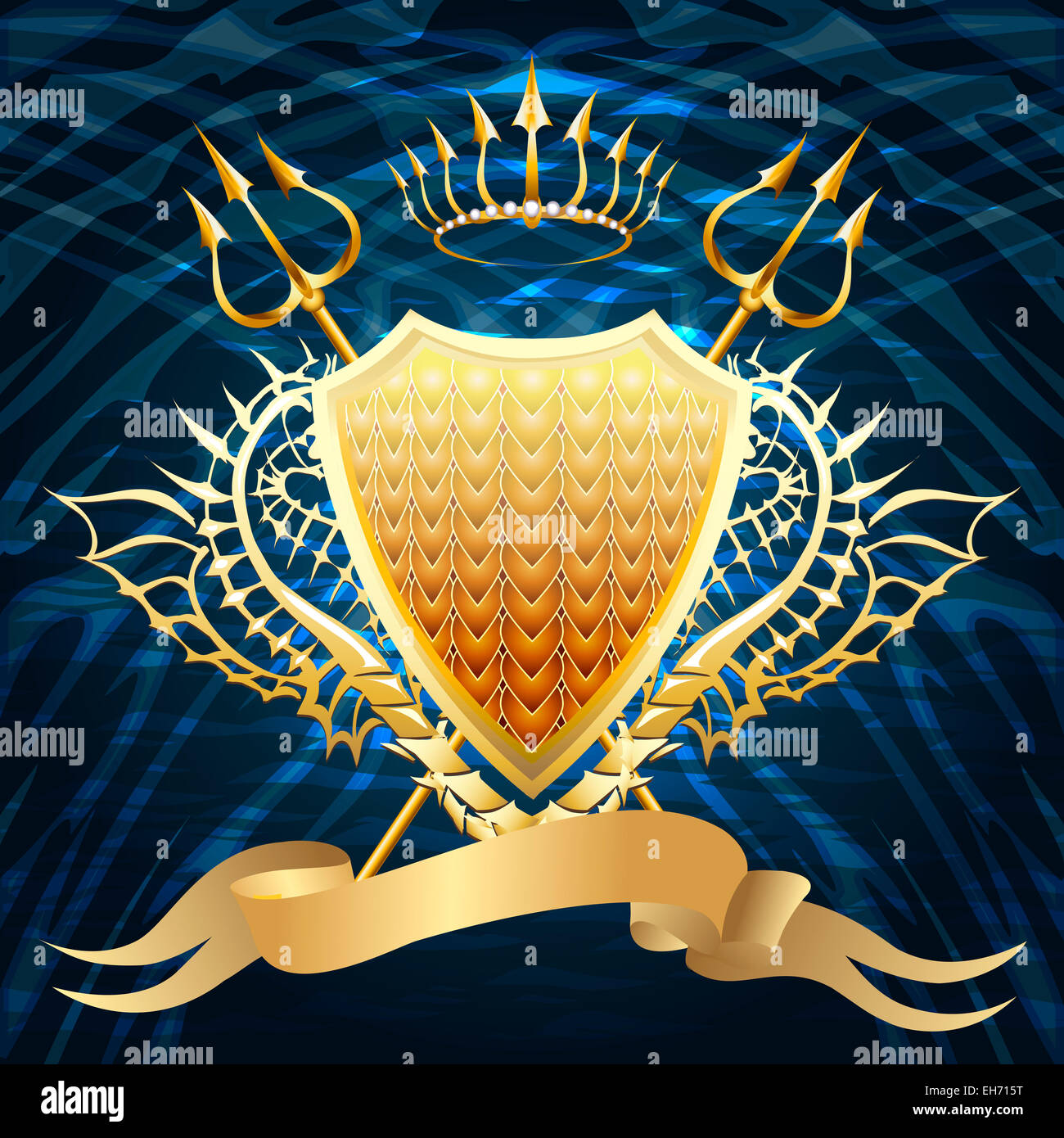 The golden shield with two tridents, crown and banner against dark blue wavy background drawn in classic style Stock Photo