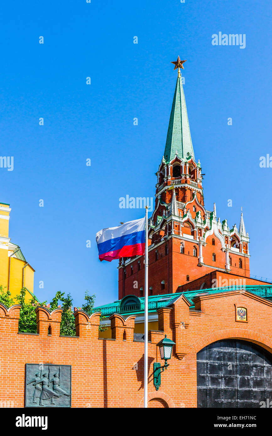 Trinity tower of Moscow Kremlin, Russian flag and the Kremlin buildings and constructions Stock Photo