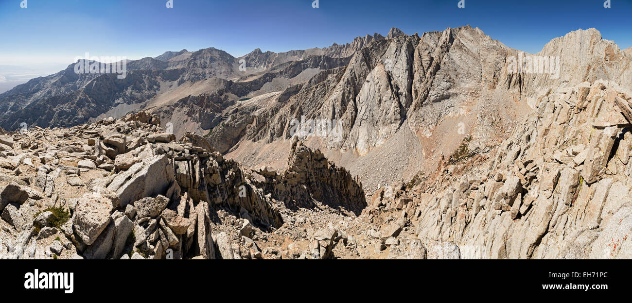 panorama of the high Sierra from the summit of Gamblers Special including Lone Pine Peak Mount Muir Mount Whitney  Russel and Ca Stock Photo