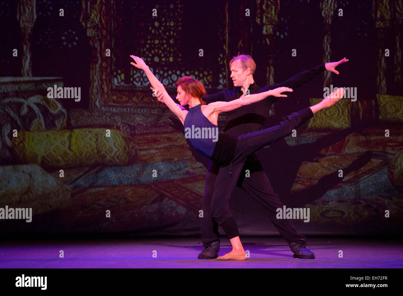 London, UK. 8 March 2015. Scheherazade performed by Ekaterina Kondaurova and Igor Zelensky (not in costume), music by Rimsky-Korsakov to choreography by Michel Fokine. The Russian Ballet Icons Gala 2015, a gala evening dedicated to the story of Russian ballet, is held on 8 March 2015 at the London Coliseum. 30 dancers, including Natalia Osipova, Xander Parish and Alina Cojocaru take part. The gala features excerps from Russian classical repertoire and masterpieces by contemporary choreographers influenced by the Russian ballet. Accompanied by the orchestra of the English National Ballet under Stock Photo