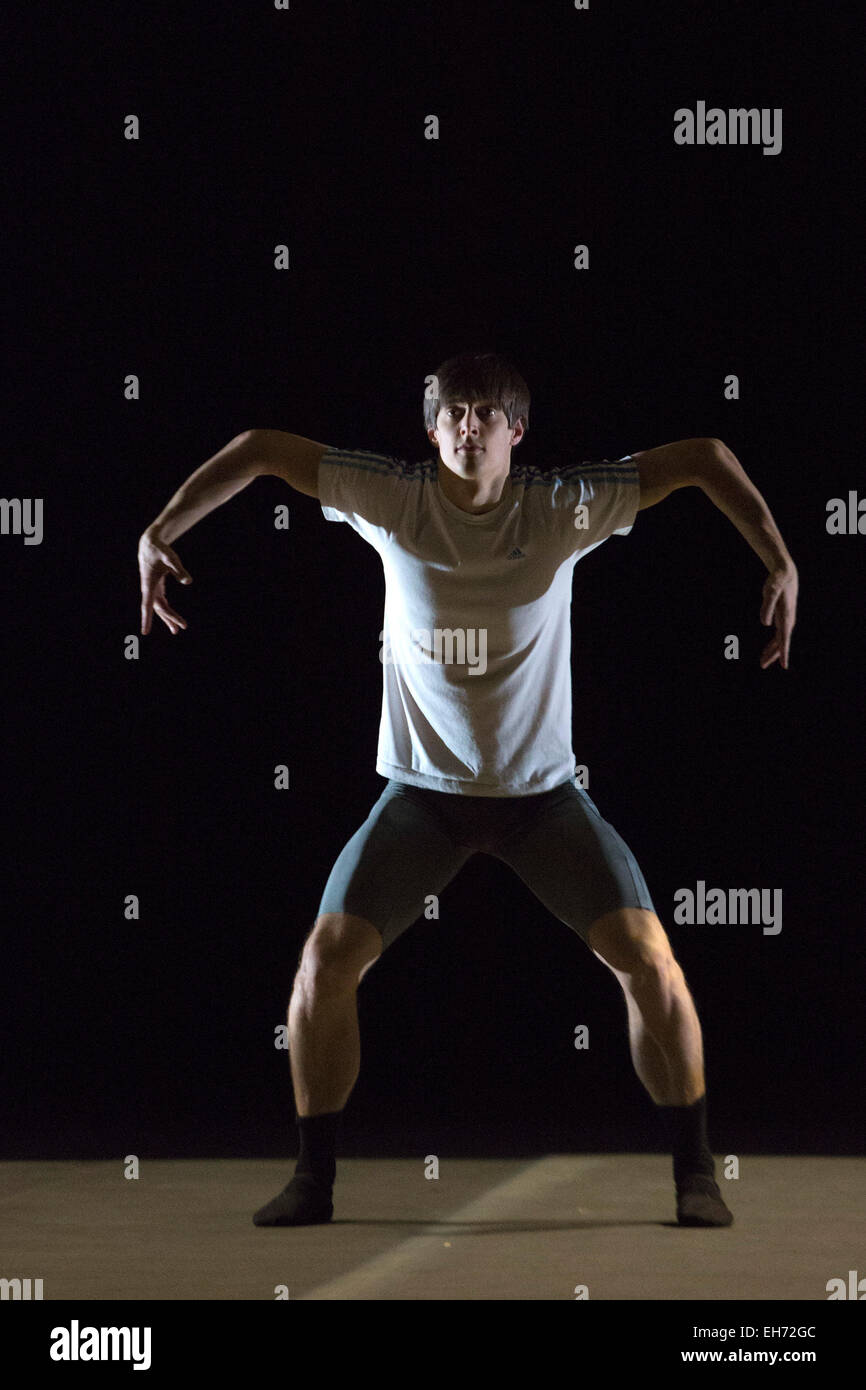 London, UK. 8 March 2015. Xander Parish performs Ballet 101, a routine based on the 100 ballet positions, choreography by Eric Gauthier to music by Jens-Peter Abele. The Russian Ballet Icons Gala 2015, a gala evening dedicated to the story of Russian ballet, is held on 8 March 2015 at the London Coliseum. 30 dancers, including Natalia Osipova, Xander Parish and Alina Cojocaru take part. The gala features excerps from Russian classical repertoire and masterpieces by contemporary choreographers influenced by the Russian ballet. Accompanied by the orchestra of the English National Ballet under th Stock Photo