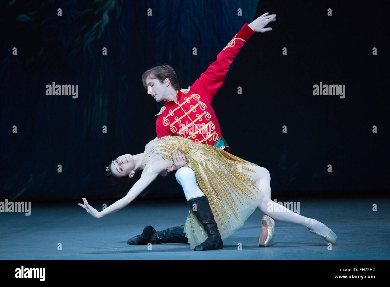 London, UK. 8 March 2015. Cinderella performed by Maia Makhateli and Artur Shesterikov to music by Prokofiev with a choregraphy by Christopher Wheeldon. The Russian Ballet Icons Gala 2015, a gala evening dedicated to the story of Russian ballet, is held on 8 March 2015 at the London Coliseum. 30 dancers, including Natalia Osipova, Xander Parish and Alina Cojocaru take part. The gala features excerps from Russian classical repertoire and masterpieces by contemporary choreographers influenced by the Russian ballet. Accompanied by the orchestra of the English National Ballet under the direction o Stock Photo