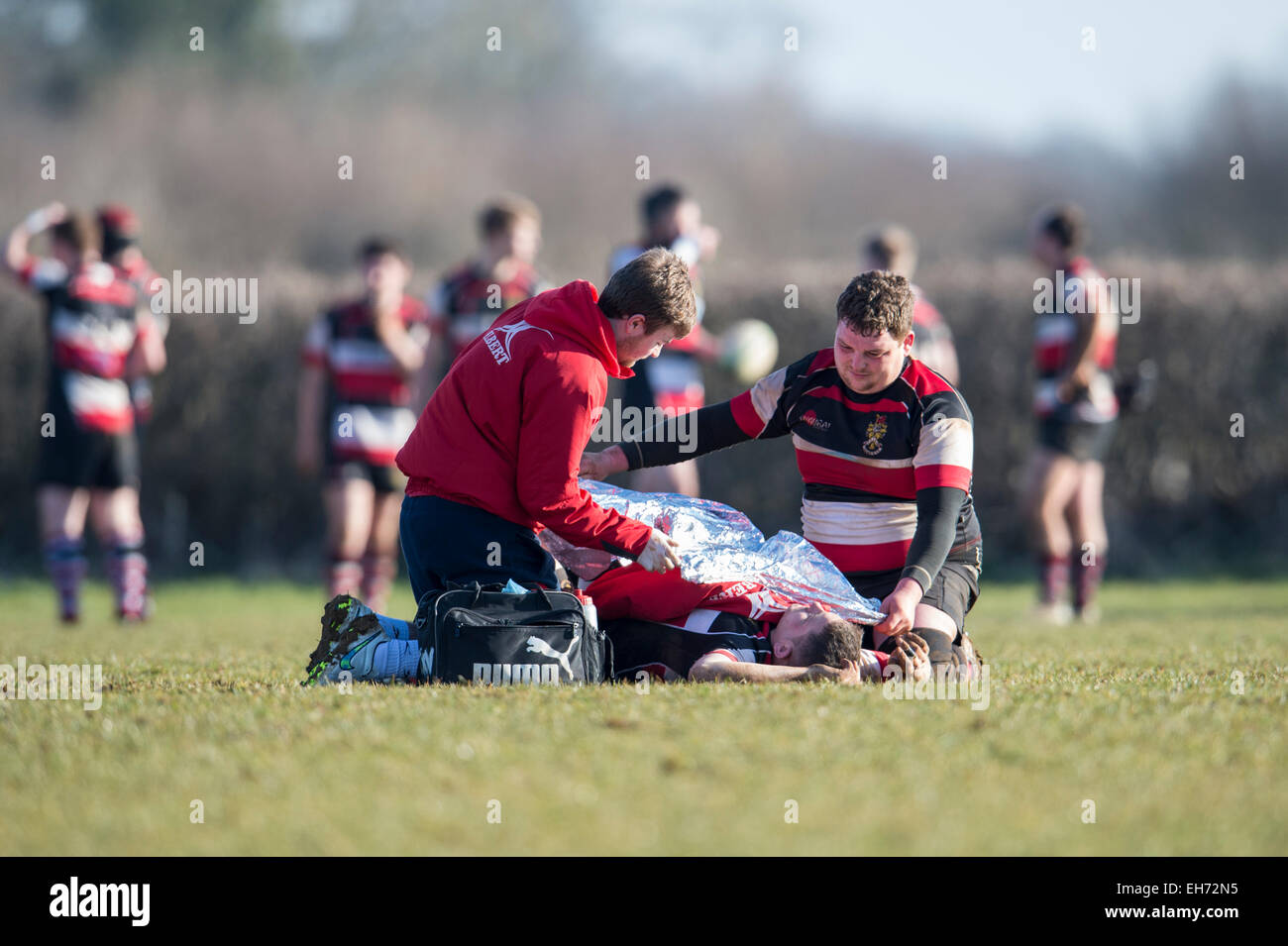 Rugby player injured, requiring ambulance - Dorset - England. Stock Photo