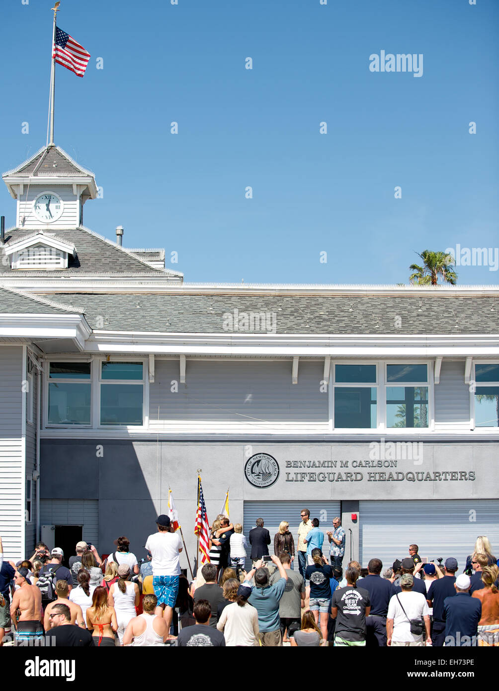 Newport Beach, California, USA. 8th March, 2015. Lifeguards, family, friends, civic leaders, and community members turned up in droves to the re-dedication of the Newport Beach, CA Lifeguards Headquarters Building, now called the Benjamin M. Carlson Lifeguard Headquarters in honor of lifeguard Ben Carlson, who gave his life saving a swimmer the previous summer. Credit:  Benjamin Ginsberg/Alamy Live News Stock Photo