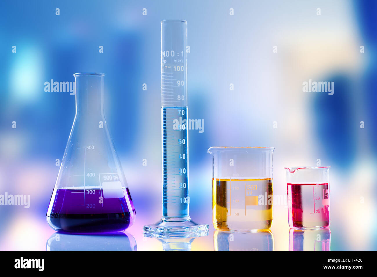 Laboratory tubes with colored liquids inside Stock Photo