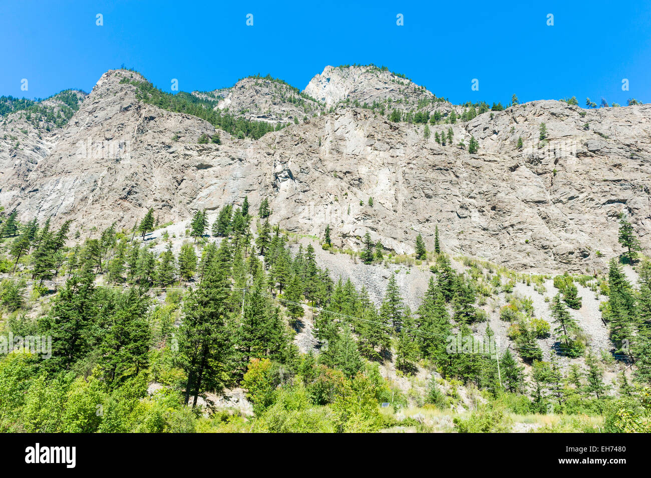 Giant granite canyon walls seen from Naxwit Picnic Site, on the Duffey Lake Road (Highway 99) near Lillooet, BC, Canada. Stock Photo