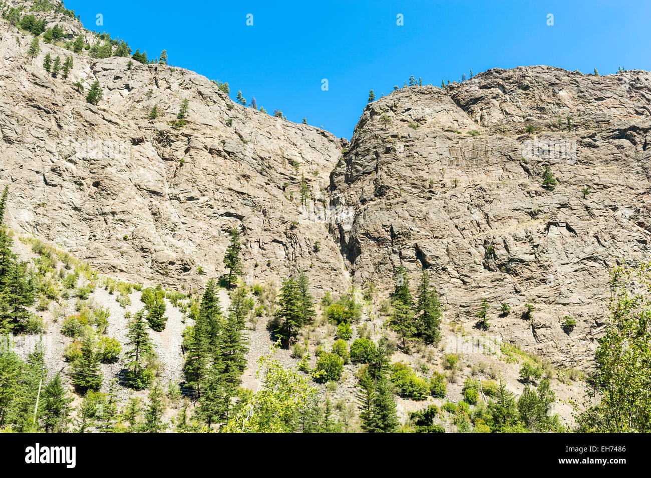 Giant granite canyon walls seen from Naxwit Picnic Site, on the Duffey Lake Road (Highway 99) near Lillooet, BC, Canada. Stock Photo