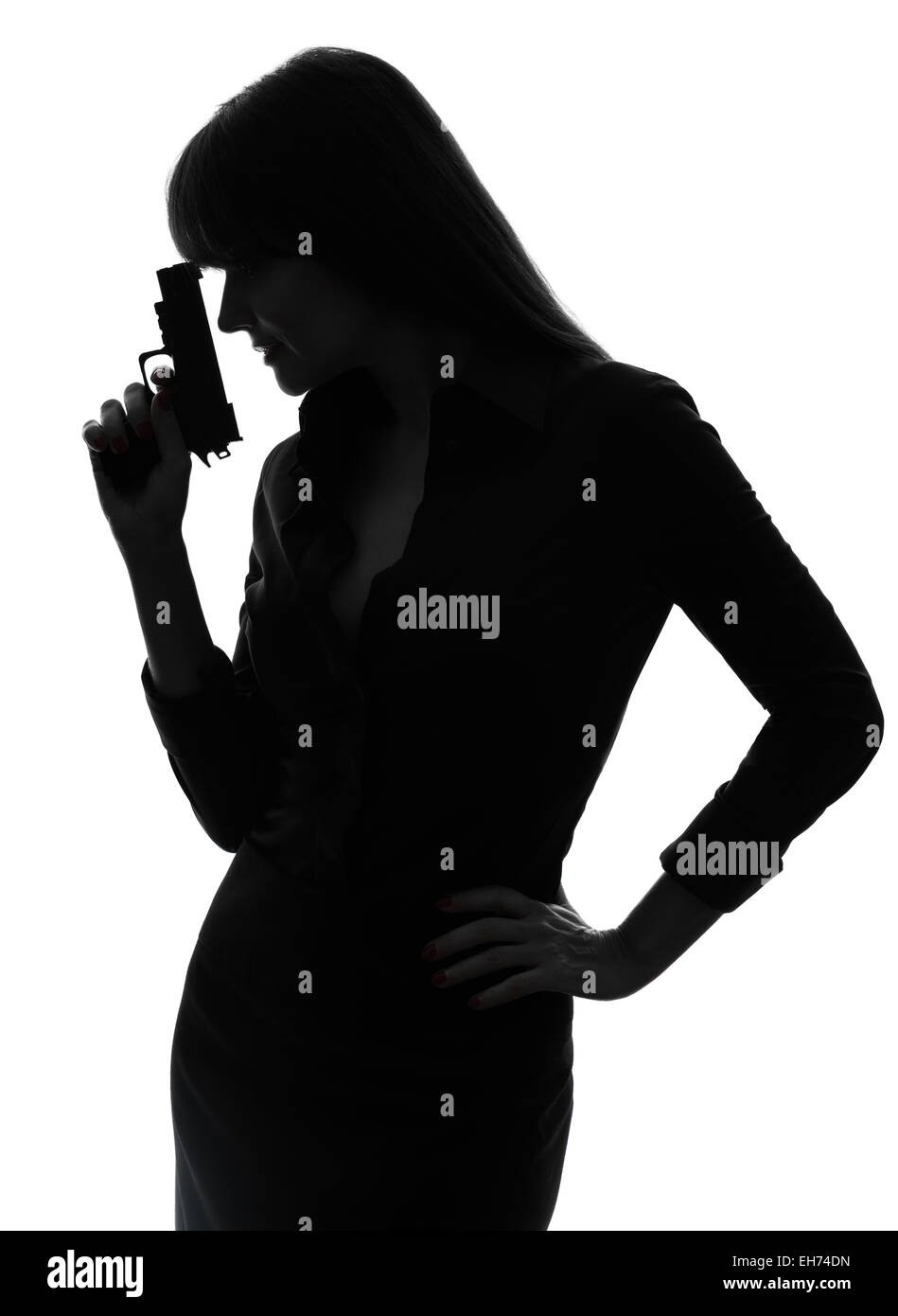 one sexy detective woman holding aiming gun in silhouette studio