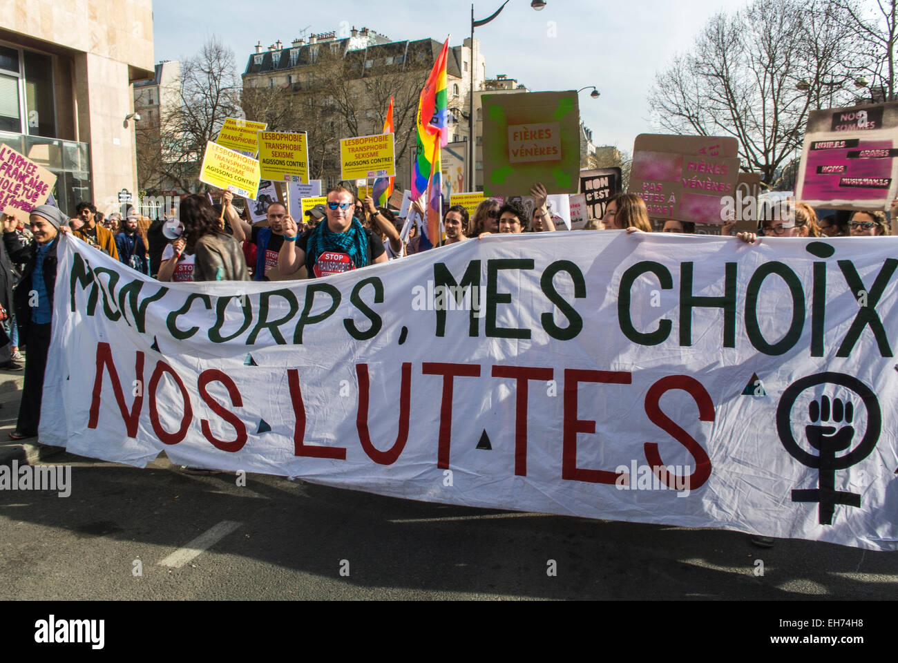 Paris, France. 8th March, French Feminists Groups Marching in International Women's Day March Demonstration, Marching with Banners and Signs on Street, women's rights march movement, pro choice rally, pro abortion protests Stock Photo