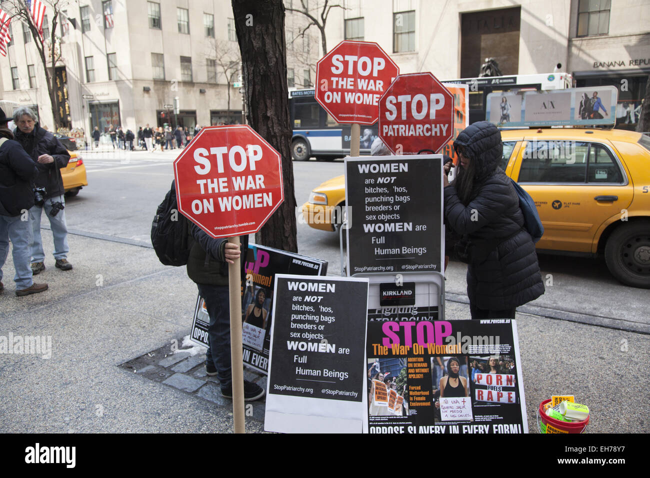 New York, USA. 8th March, 2015. Women and men marched thru midtown Manhattan with varied messages with one unifying theme; that Women's Rights equal Human Rights. Credit:  David Grossman/Alamy Live News Stock Photo