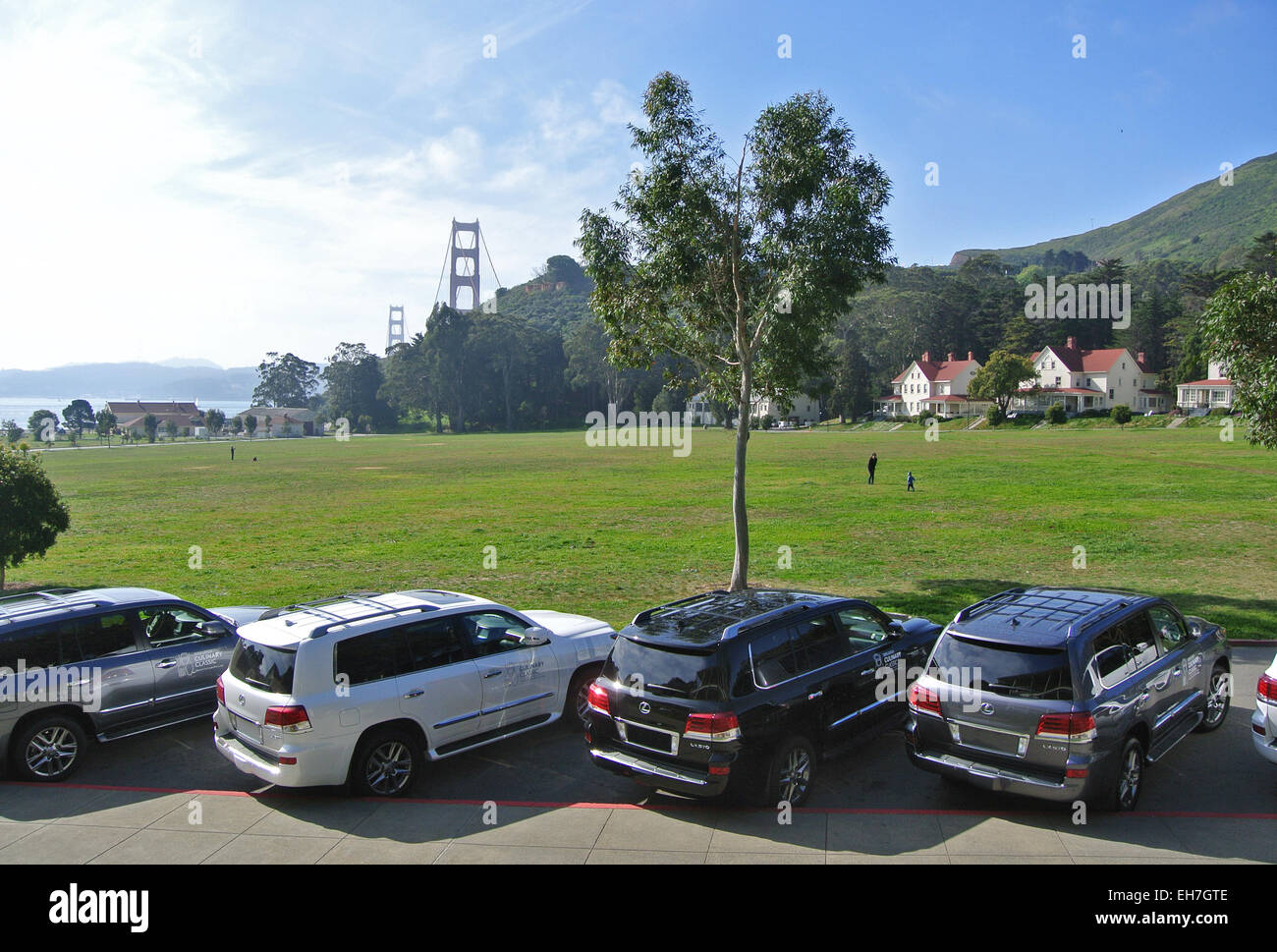 Fort Baker, Sausalito, California, USA. 8th March, 2015. Luxury complimentary cars line up in front of Cavallo Point Lodge at Fort Baker for use of special guests of Cavallo Point Lodge in Sausalito Califormia Credit:  Bob Kreisel/Alamy Live News Stock Photo