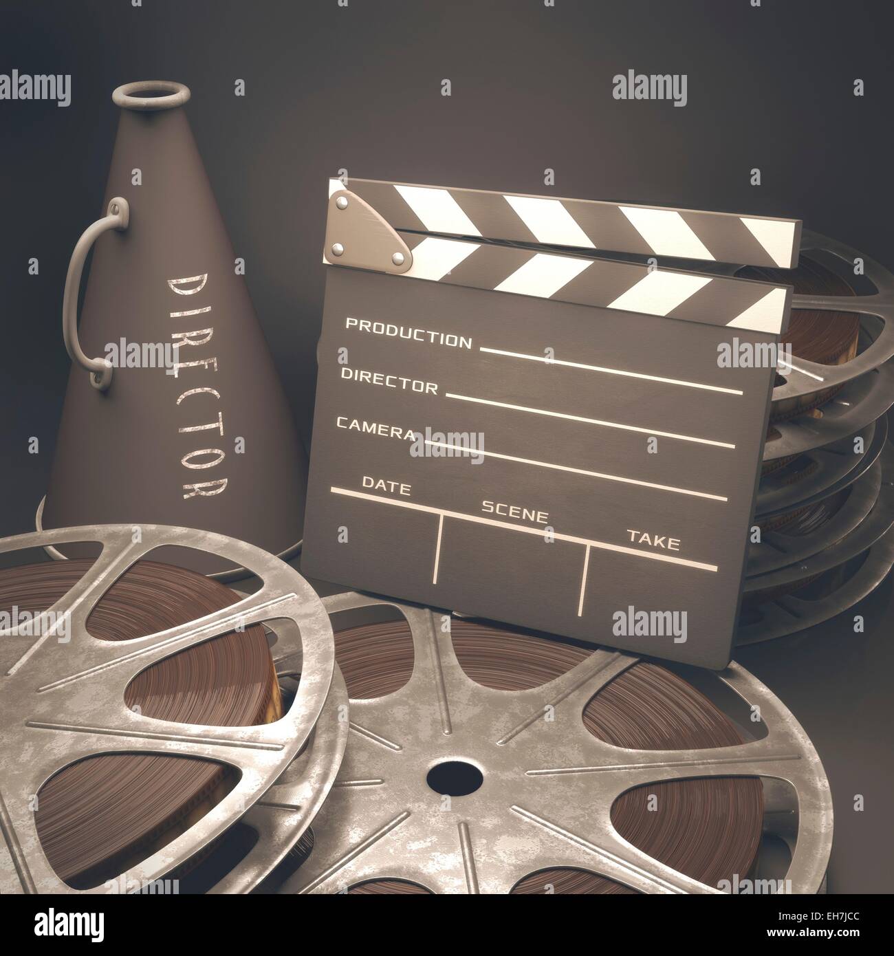 Movie reel, clapperboard and megaphone Stock Photo