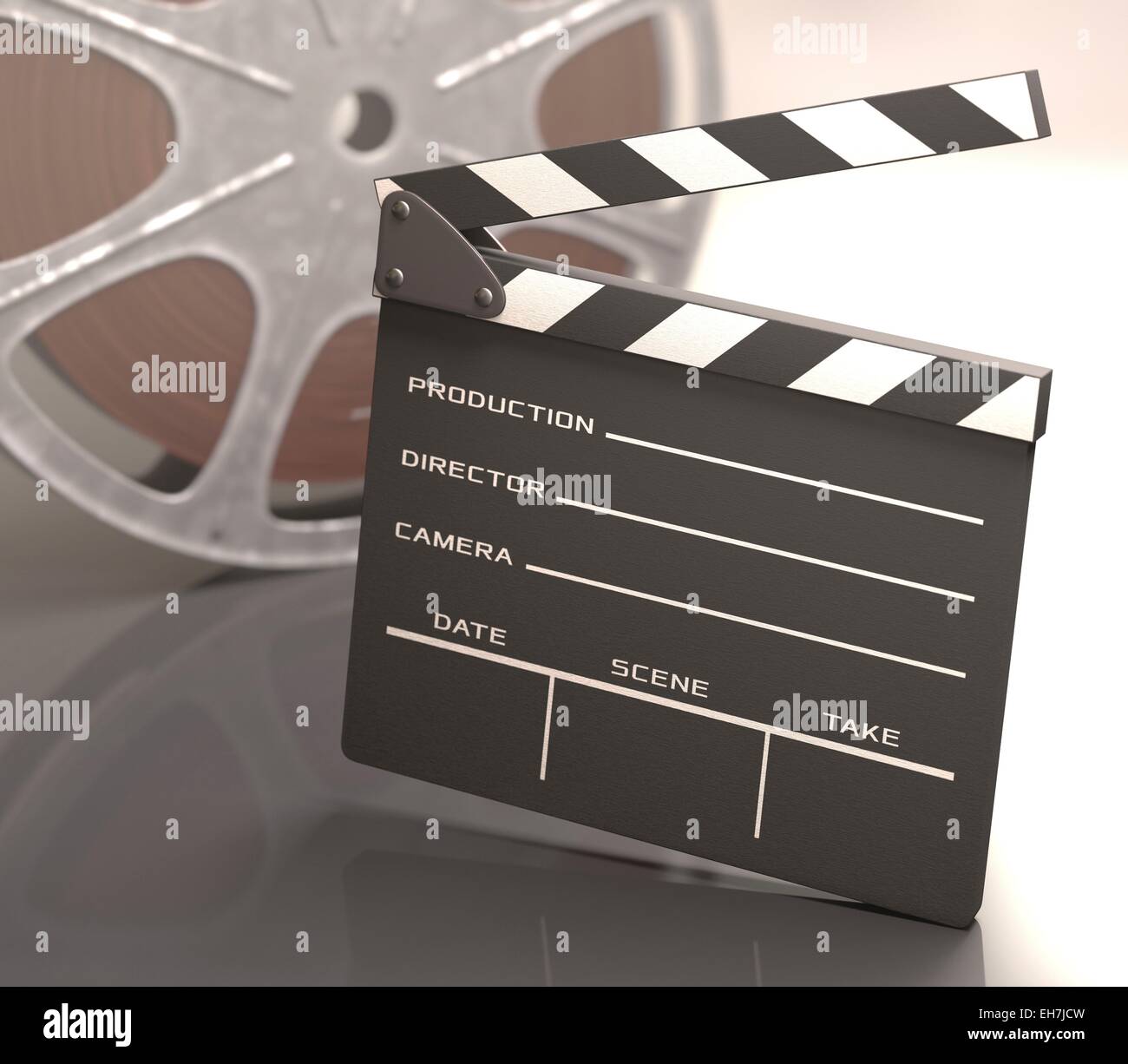 Clapperboard and movie reel, illustration Stock Photo