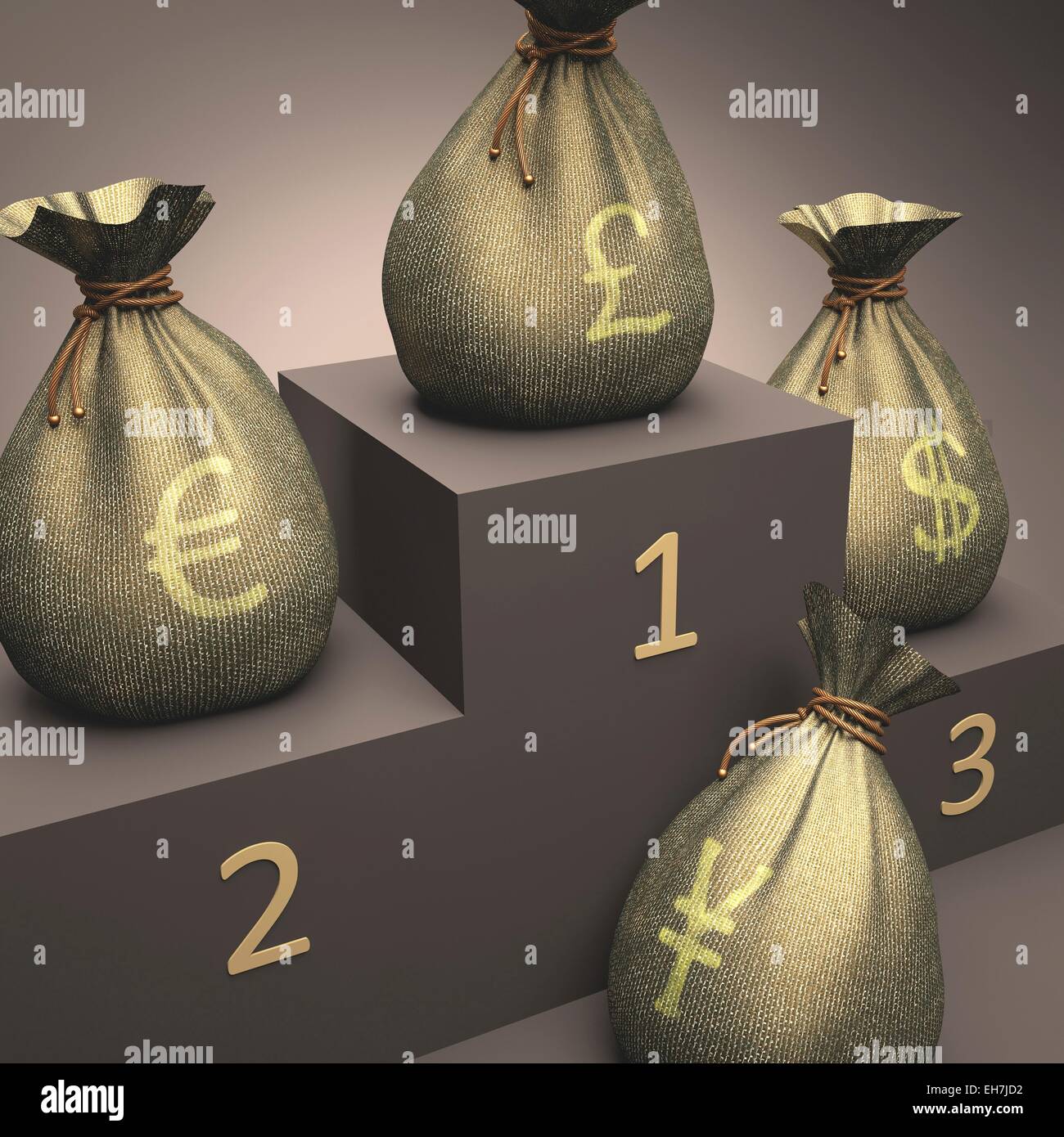 Currencies on a podium, illustration Stock Photo