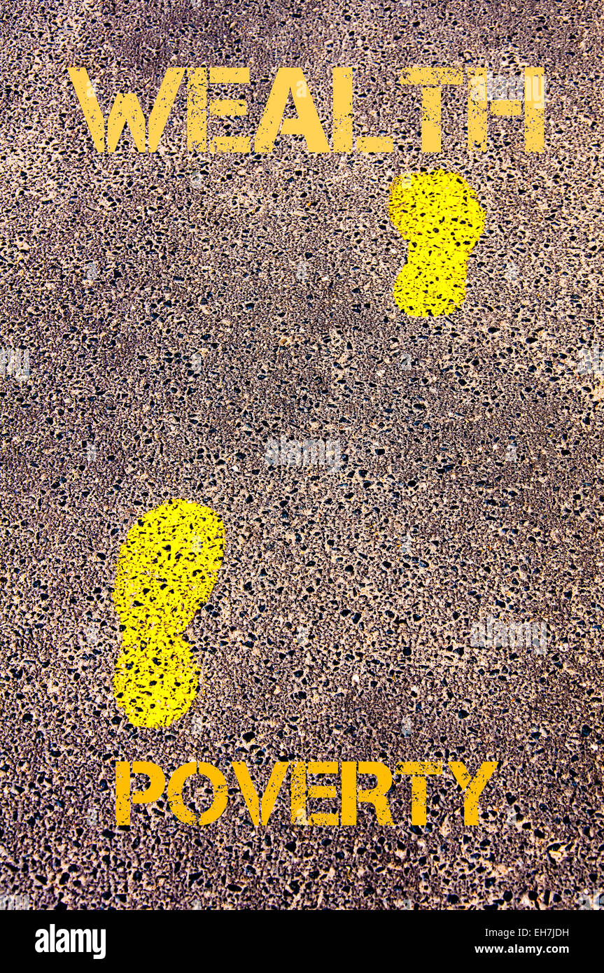 Yellow footsteps on sidewalk from Poverty to Wealth message. Conceptual ...