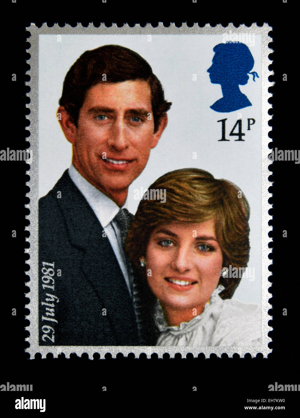 Postage stamp. Great Britain. Queen Elizabeth II. 1981.Royal Wedding, 29th.July 1981. Prince Charles and Lady Diana Spencer. 14p Stock Photo