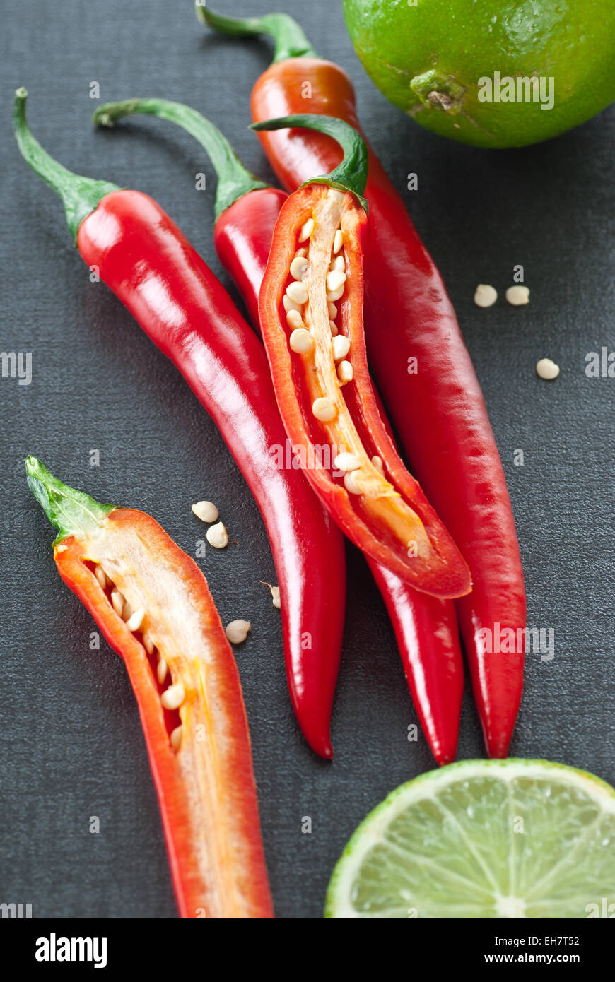 Fresh red chili with lime. Stock Photo