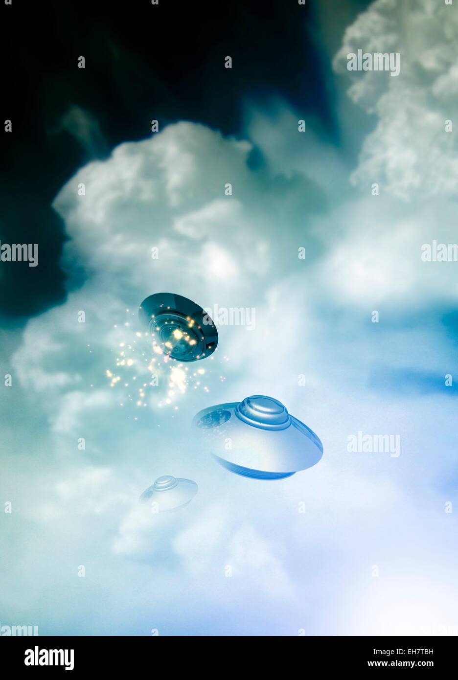 UFOs in the cloud, illustration Stock Photo