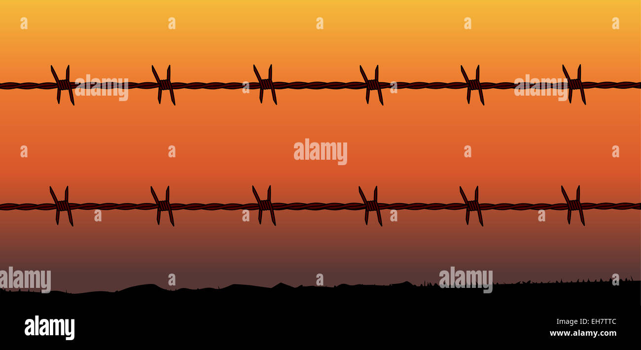 A barbed wire fence with a barren desert sunset Stock Photo - Alamy