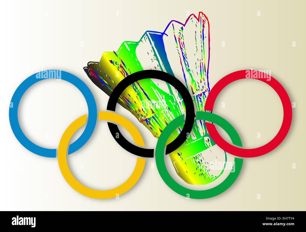 Olympic badminton shuttlecock with the Olympic rings in the foreground