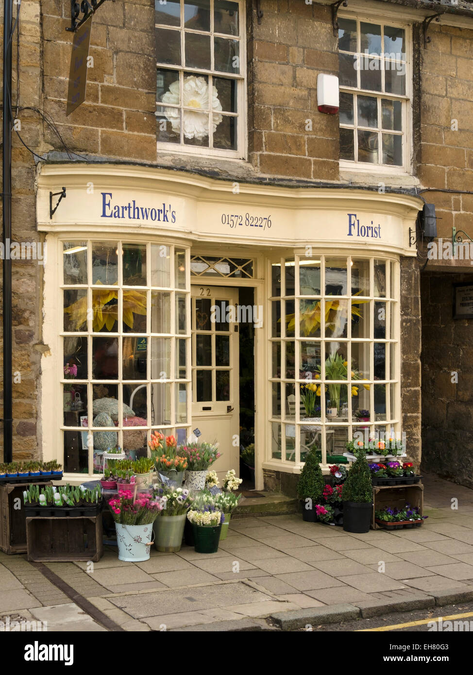 Traditional old florist shop front, High Street East, Uppingham, Rutland, England, UK Stock Photo