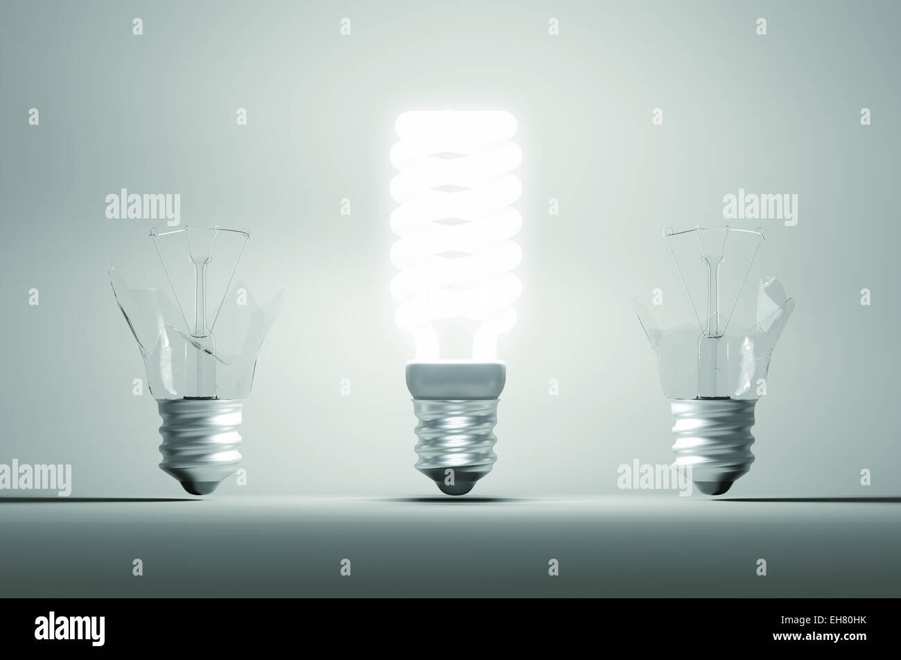 Idea and mistake or failure: illuminated bulb among two broken ones. Large resolution Stock Photo