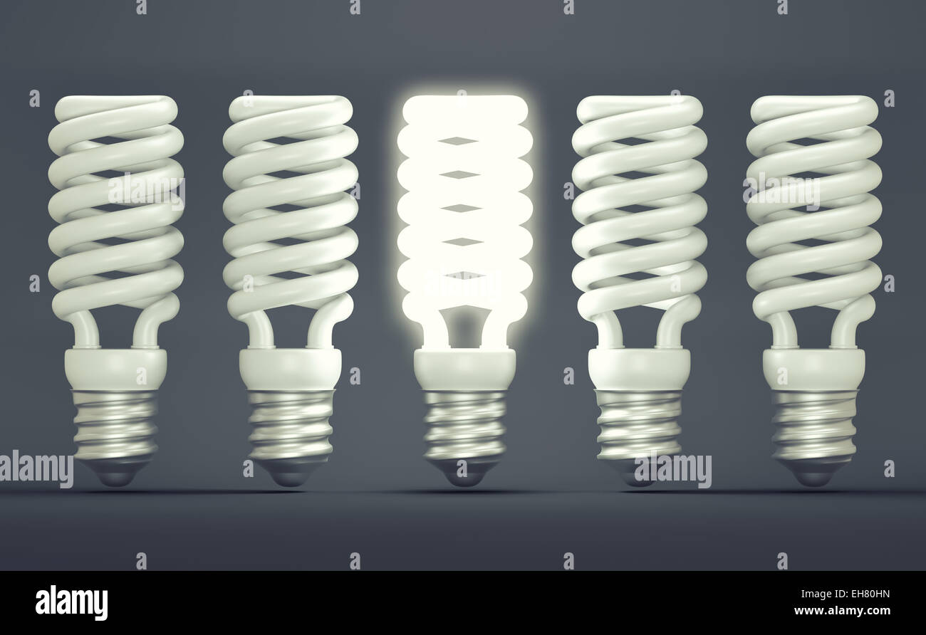 Idea or invention: illuminated efficient bulb among group of off ones. Large resolution Stock Photo