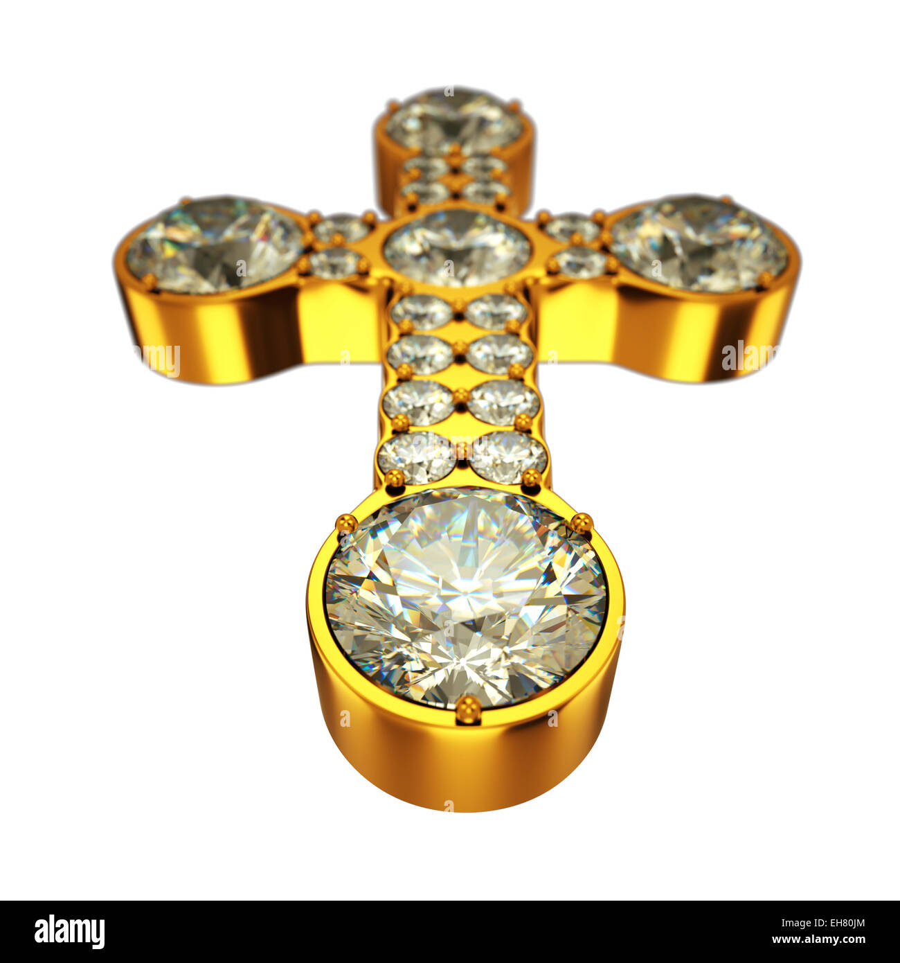 Religion: golden cross with diamonds isolated over white (wide angle with artistic shallow DOF) Stock Photo