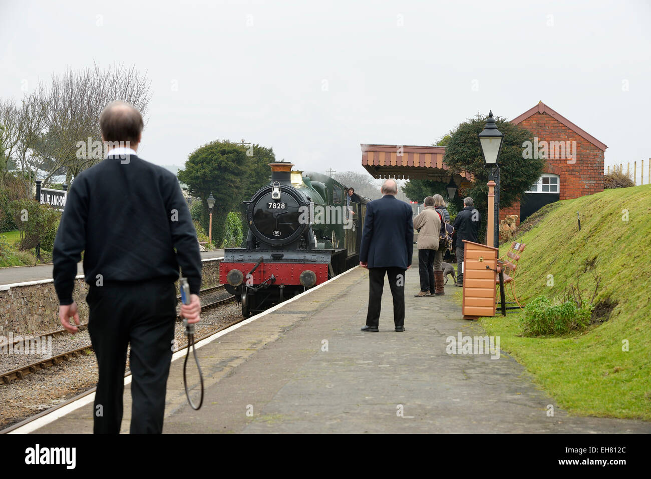 Odney Manor Steam Train arrives at Blue Anchor Station West Somerset Railway Stock Photo