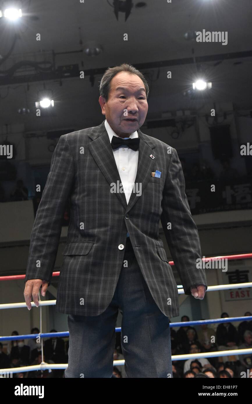 Iwao Hakamada, MARCH 5, 2015 - Boxing : Iwao Hakamada stands on the ring during the boxing event at Korakuen Hall in Tokyo, Japan. Iwao Hakamada is a Japanese former professional boxer who was sentenced to death on September 11, 1968 and ended up spending 45 years on death row. In 2011 the Guinness World Records certified Hakamada as the world's longest-held death row inmate. In March 2014, he was granted a retrial and an immediate release when the Shizuoka district court found there was reason to believe evidence against him had been falsified. (Photo by Hiroaki Yamaguchi/AFLO) Stock Photo