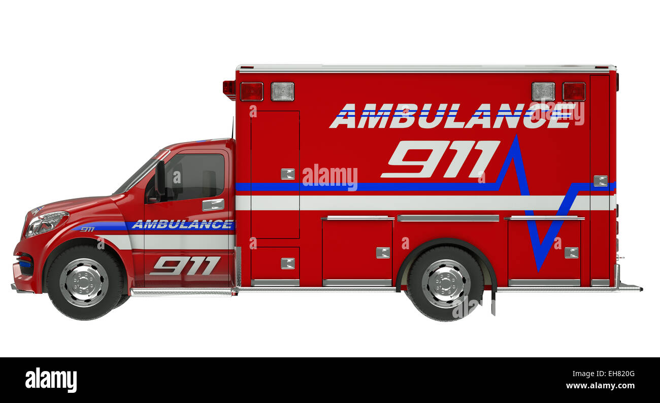 Ambulance Side view of emergency services vehicle over white. Custom