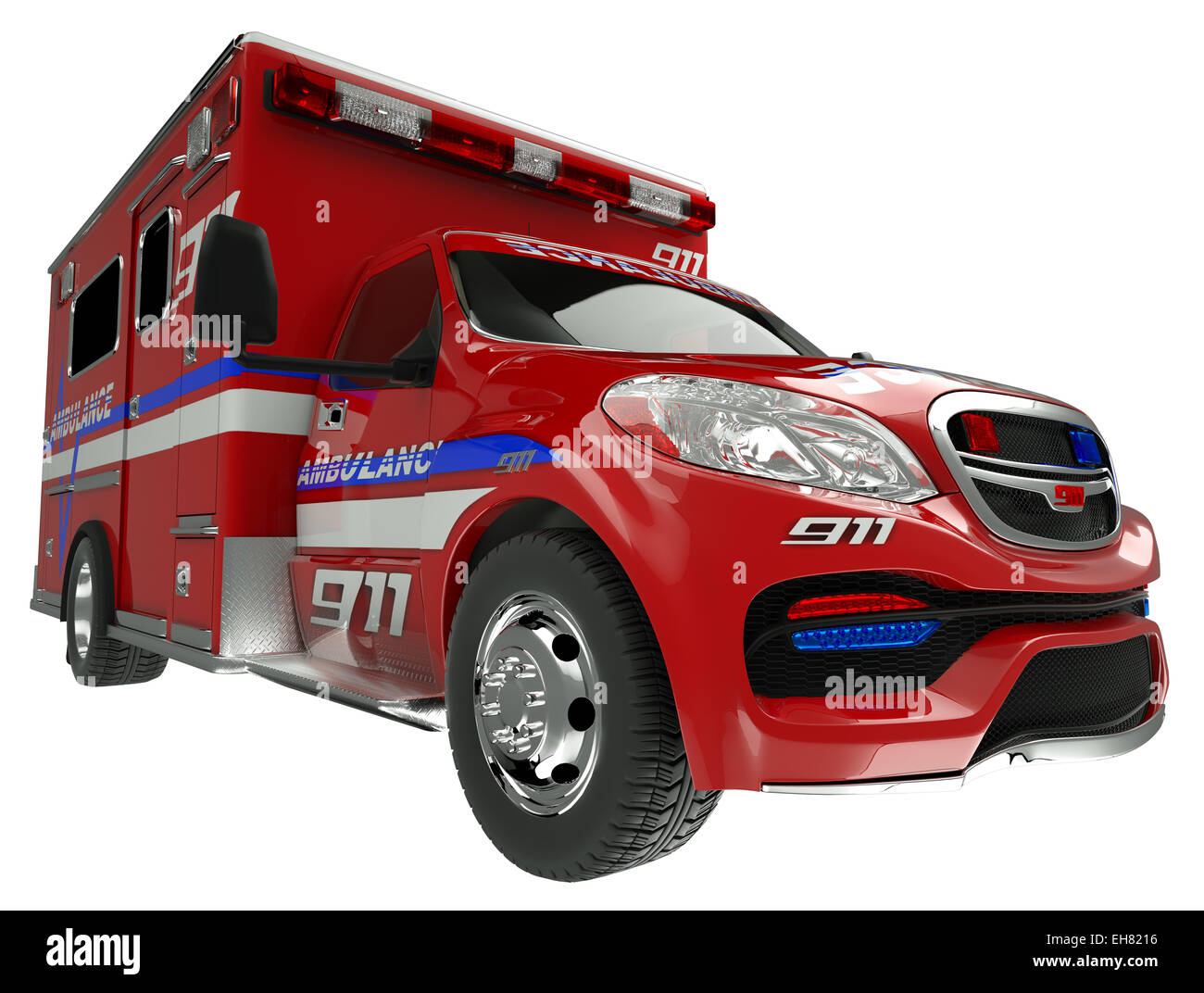 Ambulance: wide angle view of emergency services vehicle on white. Custom made and rendered Stock Photo