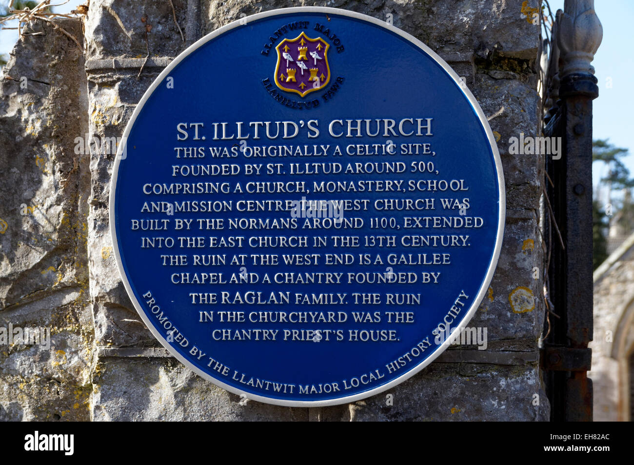 Blue Plaque outside St Illtyds Church, Llantwit Major, Vale of Glamorgan, South Wales, UK. Stock Photo