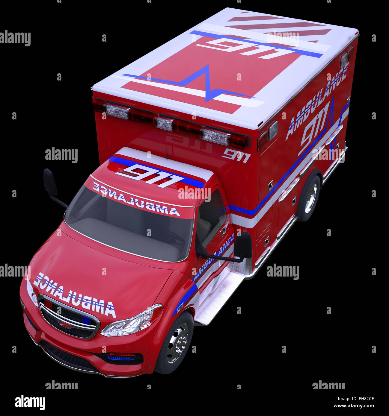 Emergency call and 911: ambulance van isolated on black (all custom made and CG rendered) Stock Photo