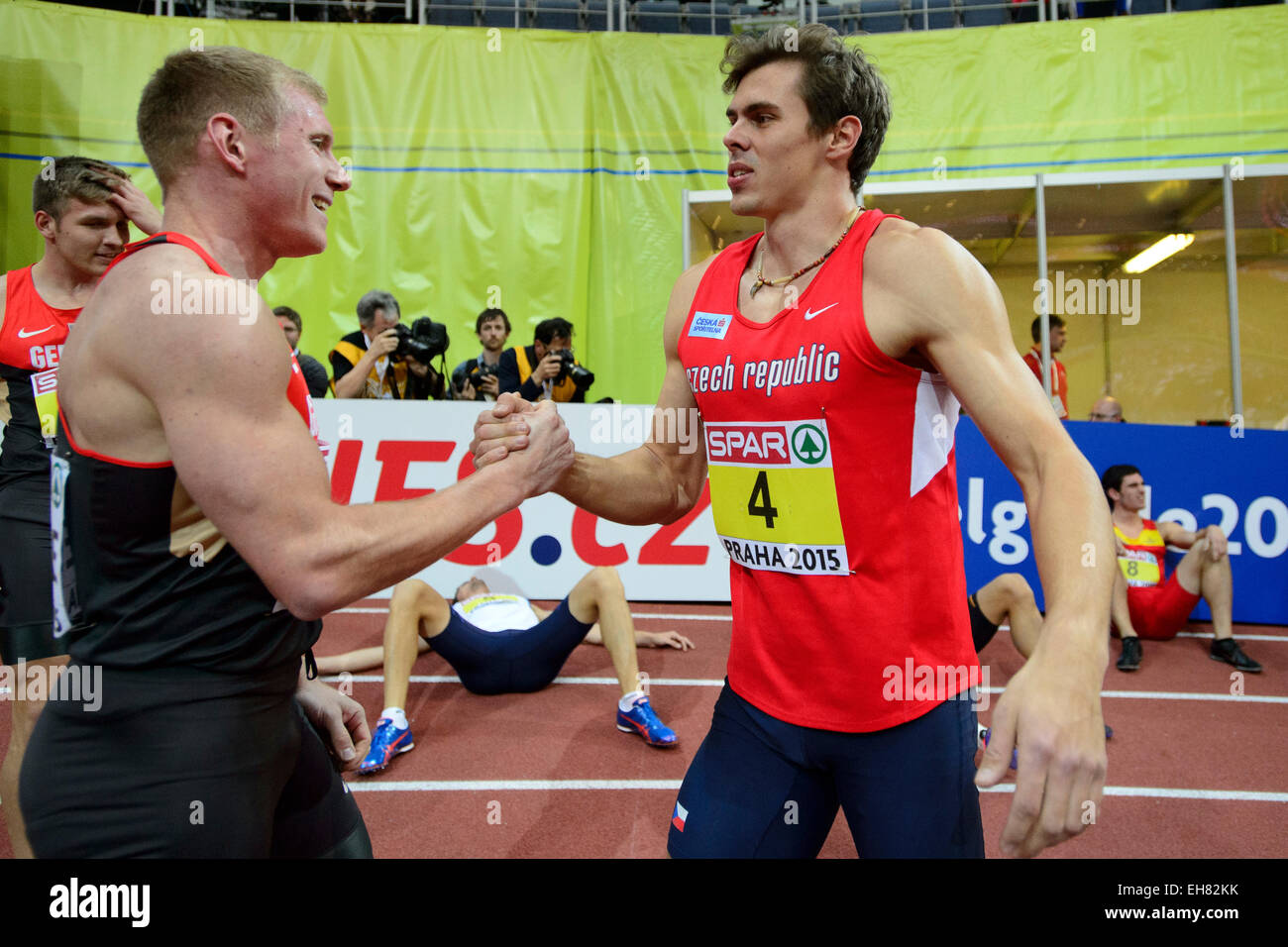Arthur Abele Of Germany Left And Adam Sebastian Helcelet Of Czech Republic Pictured After The 1000m Of The Men S Heptathlon During The European Athletics Indoors Championships In Prague Czech Republic March 8
