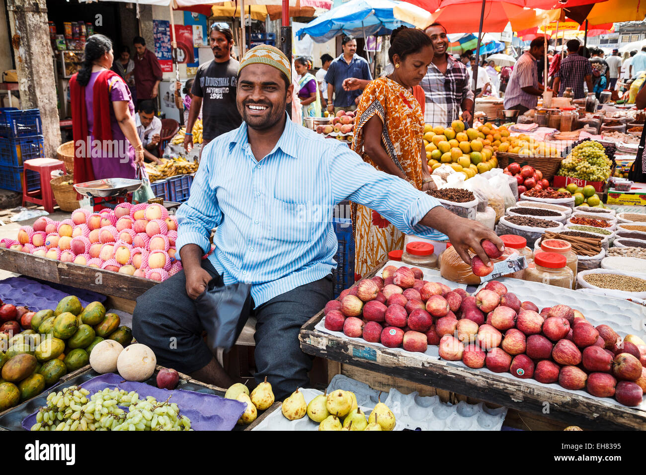 Fruit and vegetable stalls at Mapusa Market, Goa, India, Asia Stock