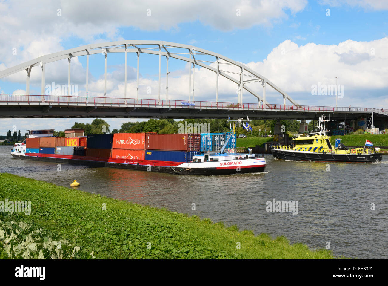 Barge carrying shipping containers, Amsterdam-Rhine Canal, Amsterdam, North Holland, Netherlands, Europe Stock Photo