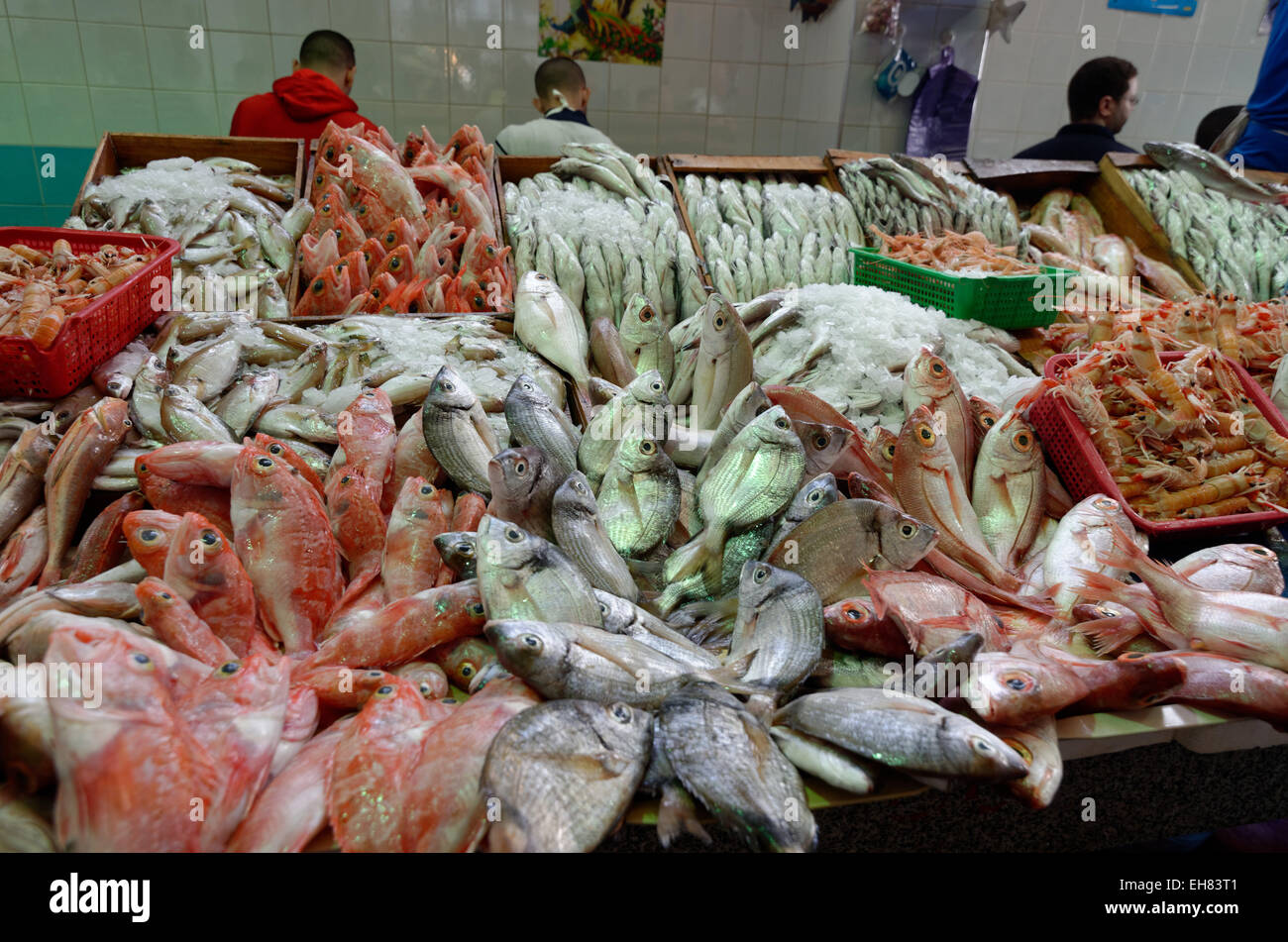 Freshly caught fish displayed in Tangier fish market, Tangier, Morocco, North Africa, Africa Stock Photo