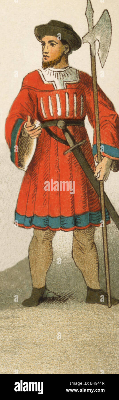The figure pictured here represents a Spanish soldier in the 1400s. The illustration dates to 1882. Stock Photo