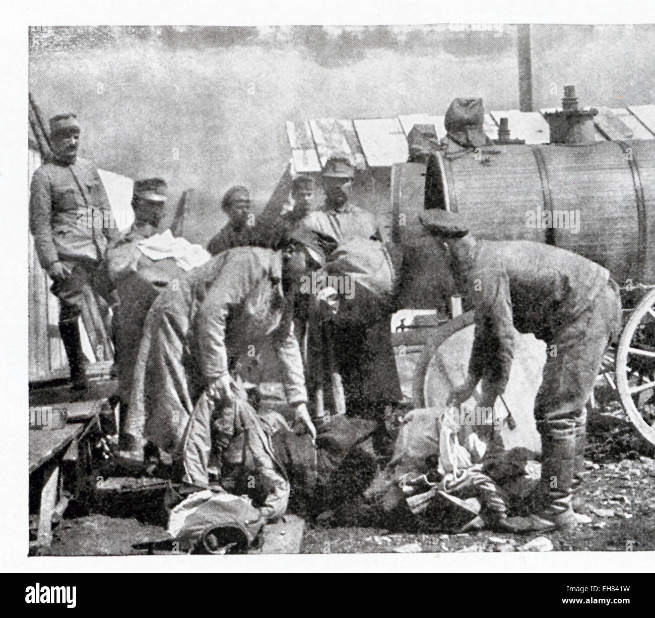 This photo shows portable disinfecting apparatus used by the Austrians in camps, especially prisoner of war camps, to disinfect the clothes and prisoners. Here there are disinfecting clothes. There were typhus epidemic outbreaks and new measures were introduce to reduce as mush as possible further outbreaks. Stock Photo