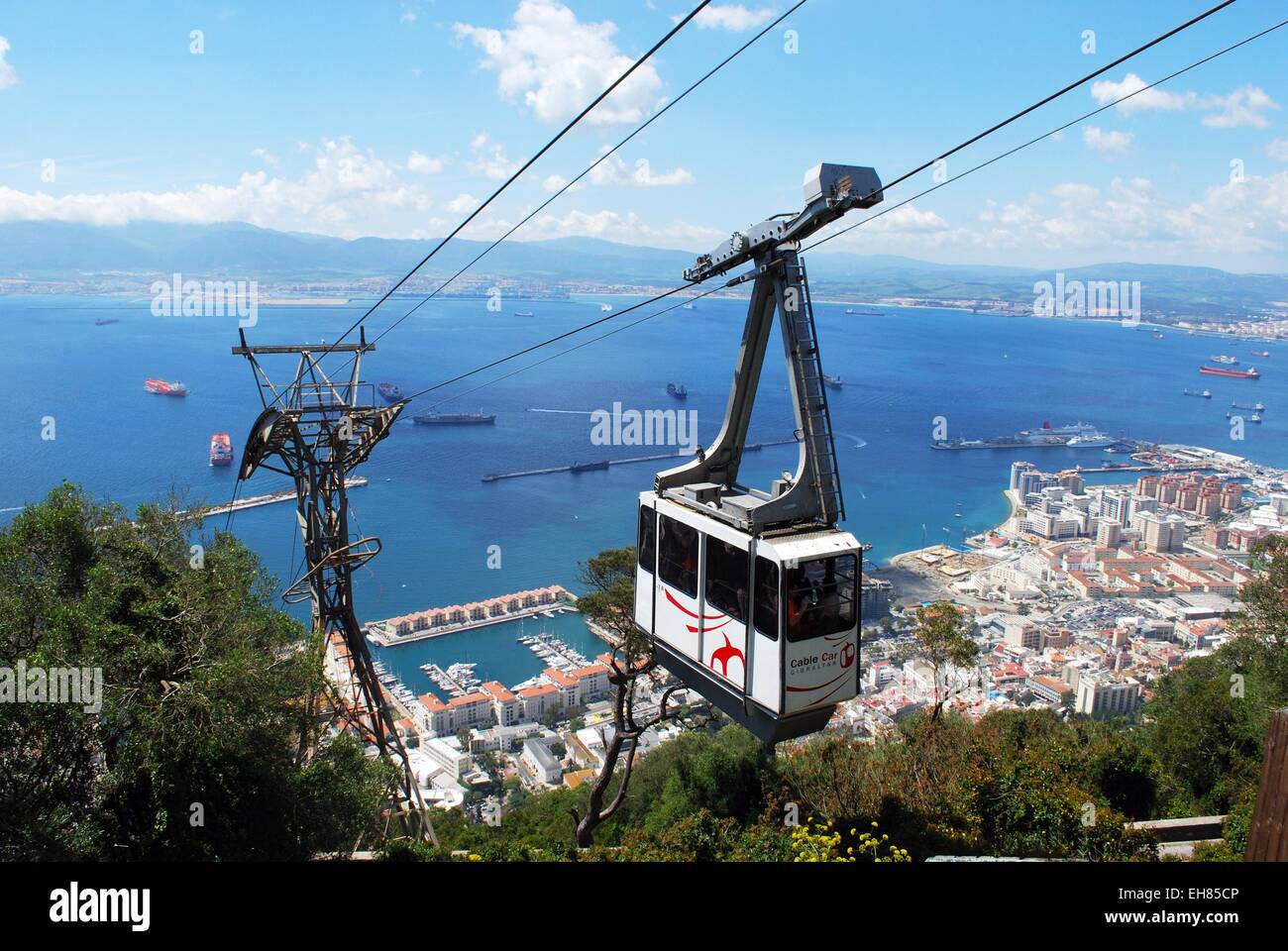 Cable car with views over the town sea and Spanish coastline, Gibraltar,  United Kingdom, Western Europe Stock Photo - Alamy