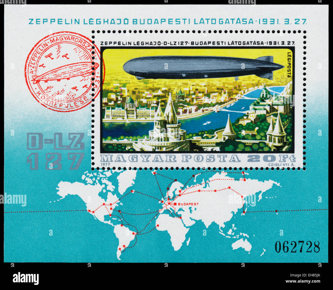 HUNGARY - CIRCA 1977: Stamp printed in Hungary shows Zeppelin airship over Budapest in 1931, circa 1977 Stock Photo