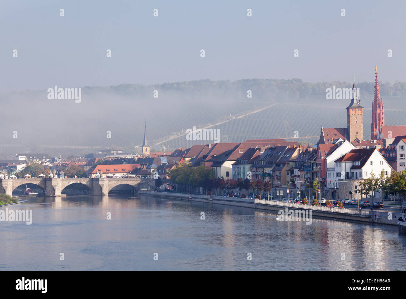 View over Main River to the Old Bridge, Marienkapelle Church and Grafeneckart Tower, Wuerzburg, Franconia, Bavaria, Germany Stock Photo