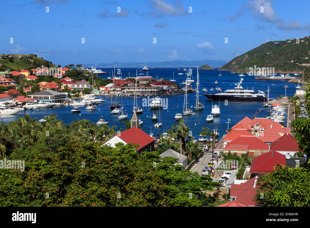 Elevated view of Fort Oscar, Anglican church and yachts in harbour, Gustavia, St. Barthelemy, West Indies Stock Photo