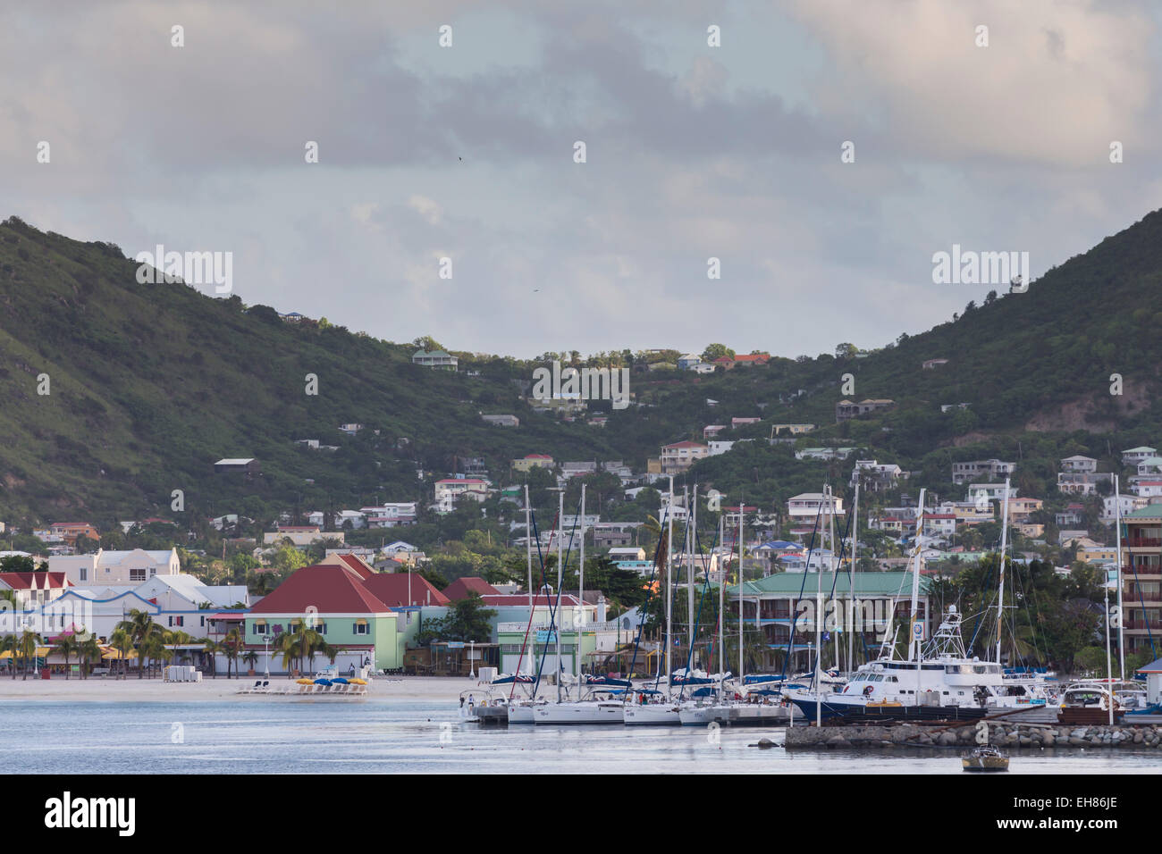 Marina and waterfront at dawn, Philipsburg, St. Maarten (St. Martin), West Indies, Caribbean, Central America Stock Photo