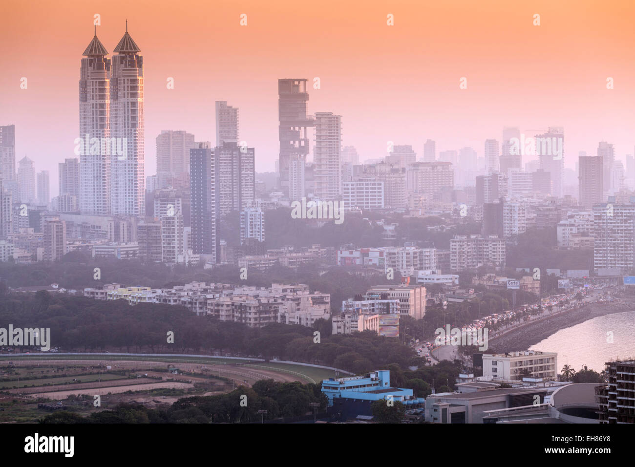 Skyline with Imperial twin-tower residential skyscrapers, Ambhani building and Haji Ali Bay, Mumbai, Maharashtra, India, Asia Stock Photo