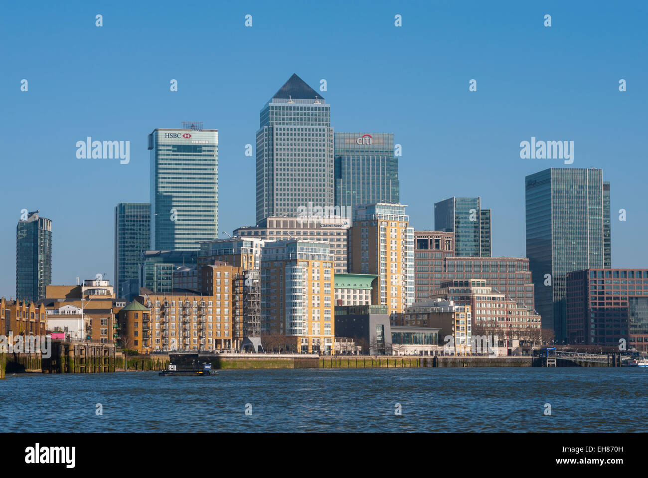 Looking at the towers of Docklands from Limehouse. Stock Photo