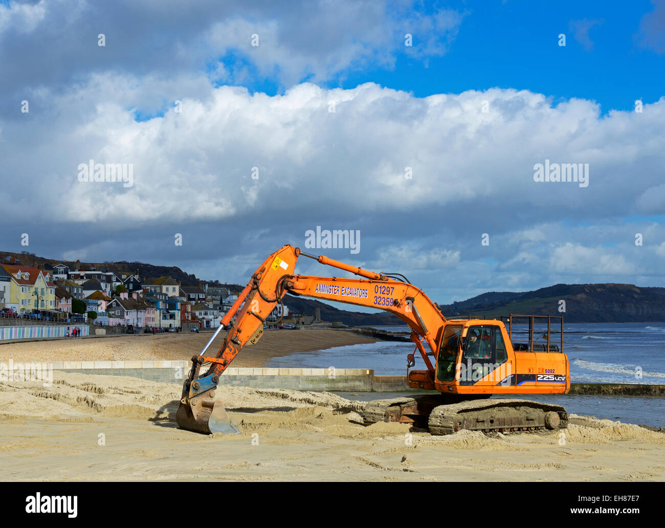 Levelling the beach with a JCB digger, Lyme Regis, Dorset, England UK