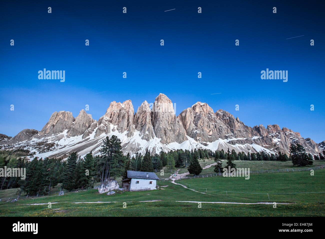 Evening view of the massif of the Odle-Villnoss in the Odle-Puez Nature Park, South Tyrol, Italy, Europe Stock Photo
