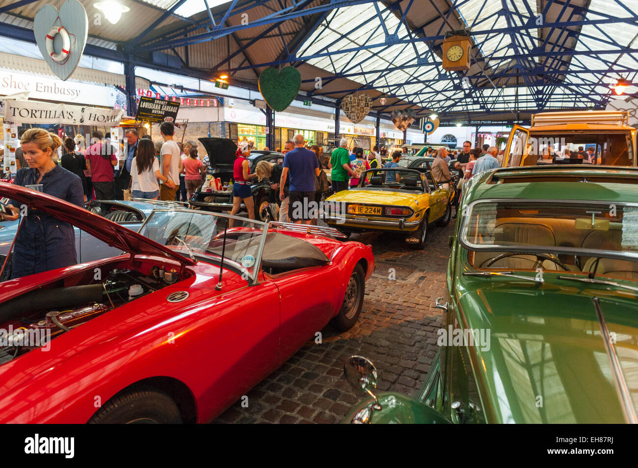 Classic cars lined up in Greenwich market for the monthly Park in the Market meetup. Stock Photo